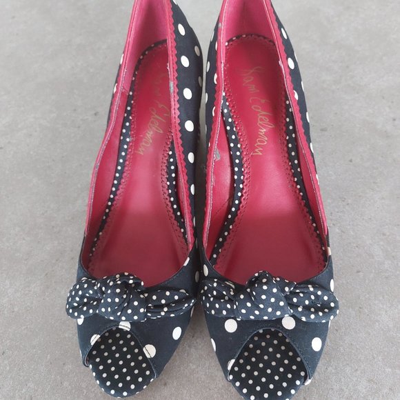 SAM EDELMAN Textile Upper Wedge Peep Toe Shoe w/Bow Black White Red - Size 8.5M - Picture 1 of 15